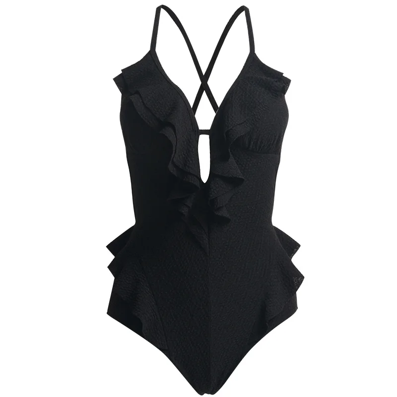 Designer bathing suits back cross one piece bikini Ruffle swimsuit ribbed sexy swimwear womens