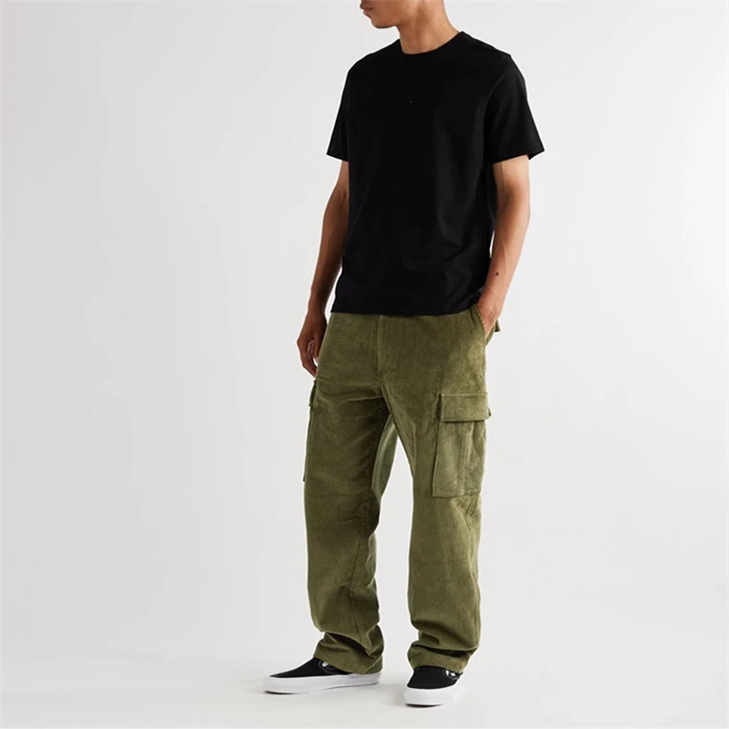 Wholesale Custom Men Straight Leg Corduroy Casual Track Cargo Pants With Big Pockets Plus Size Athletic Pants