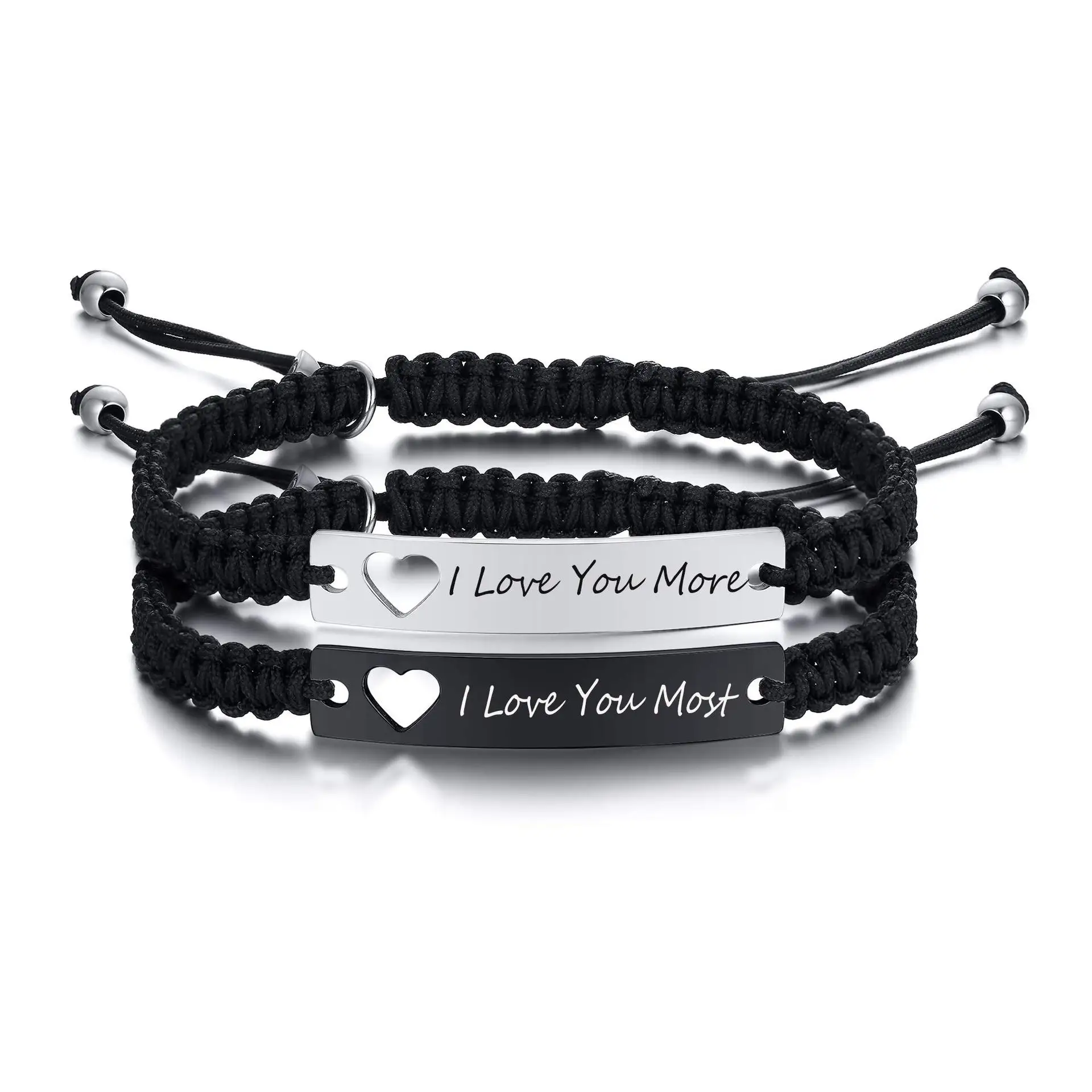 Yiwu Factory Wholesale Unisex Woven Bracelets Fashion Cutout Lettering Adjustable Braided Stainless Steel Bracelet Set For Lady