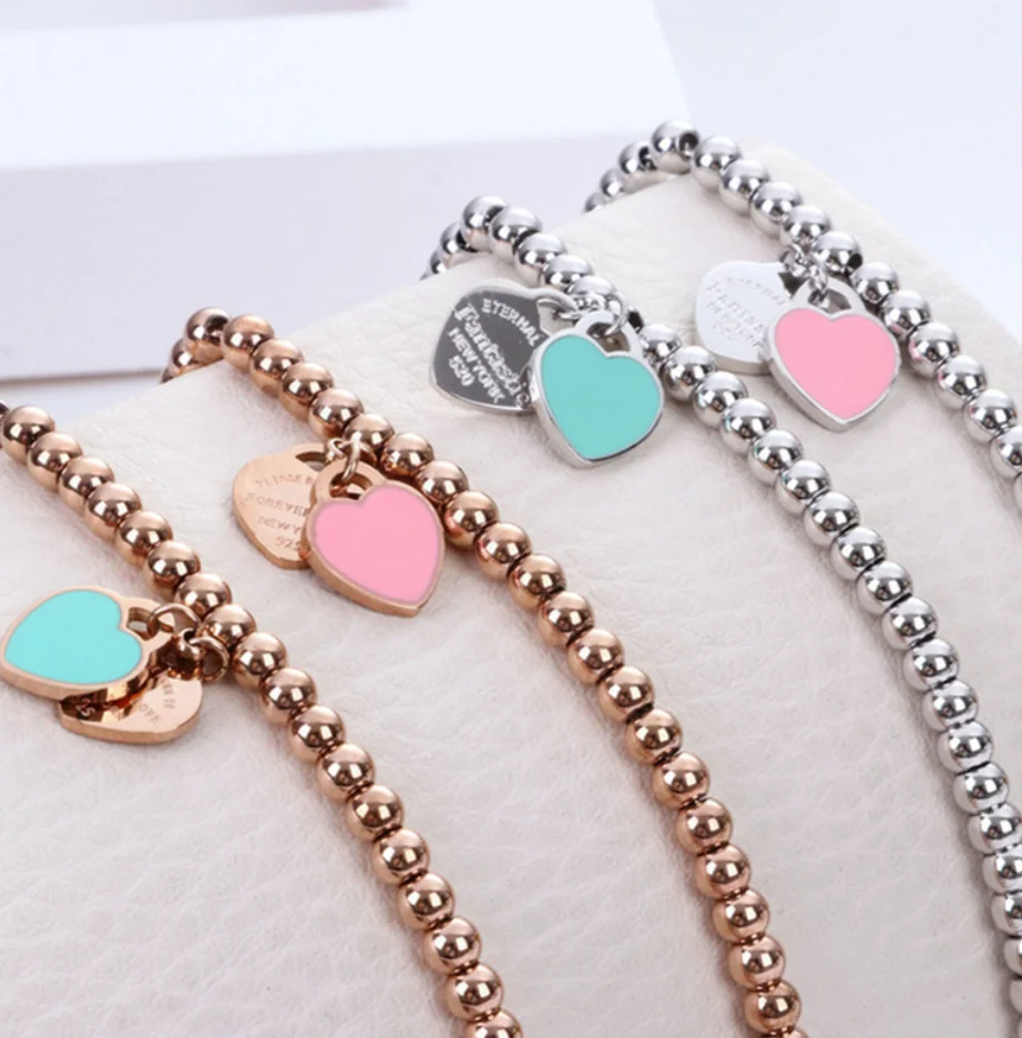 New Arrival Simple Design Beaded Chain Bracelet Non Tarnish 18 K Gold Plated Ball Chain With Enamel Heart Bracelet Unisex
