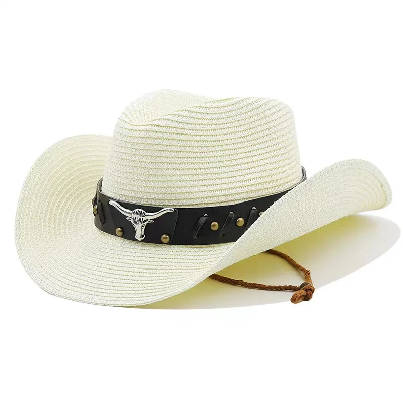 Promotional Custom Logo Straw Cowboy Cowgirl Hat for Men Women Adjustable Sombrero Sun Hat with Chin Strap