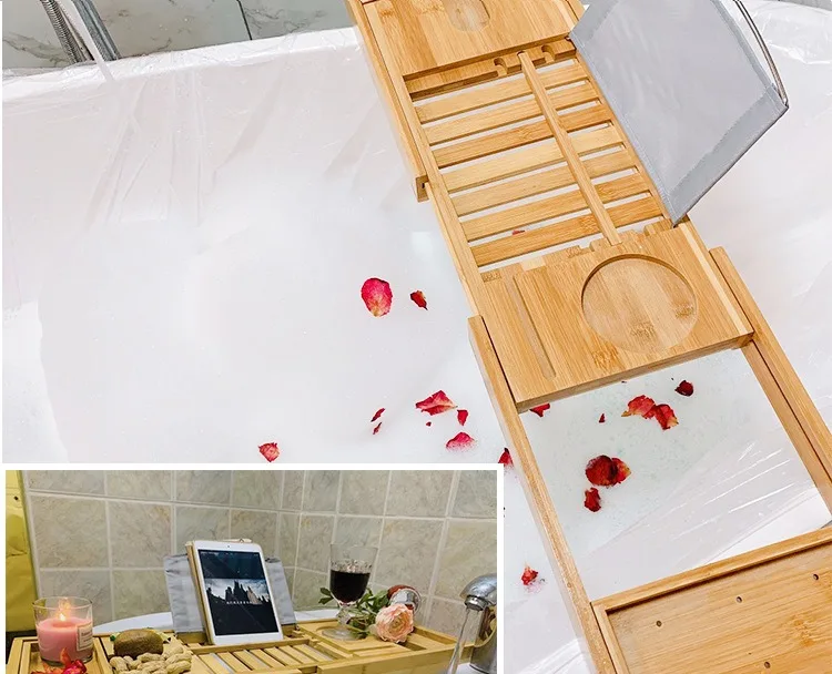 Eco-friendly Bamboo Adjustable Bath Shower Caddy For Watching Movies Or Reading