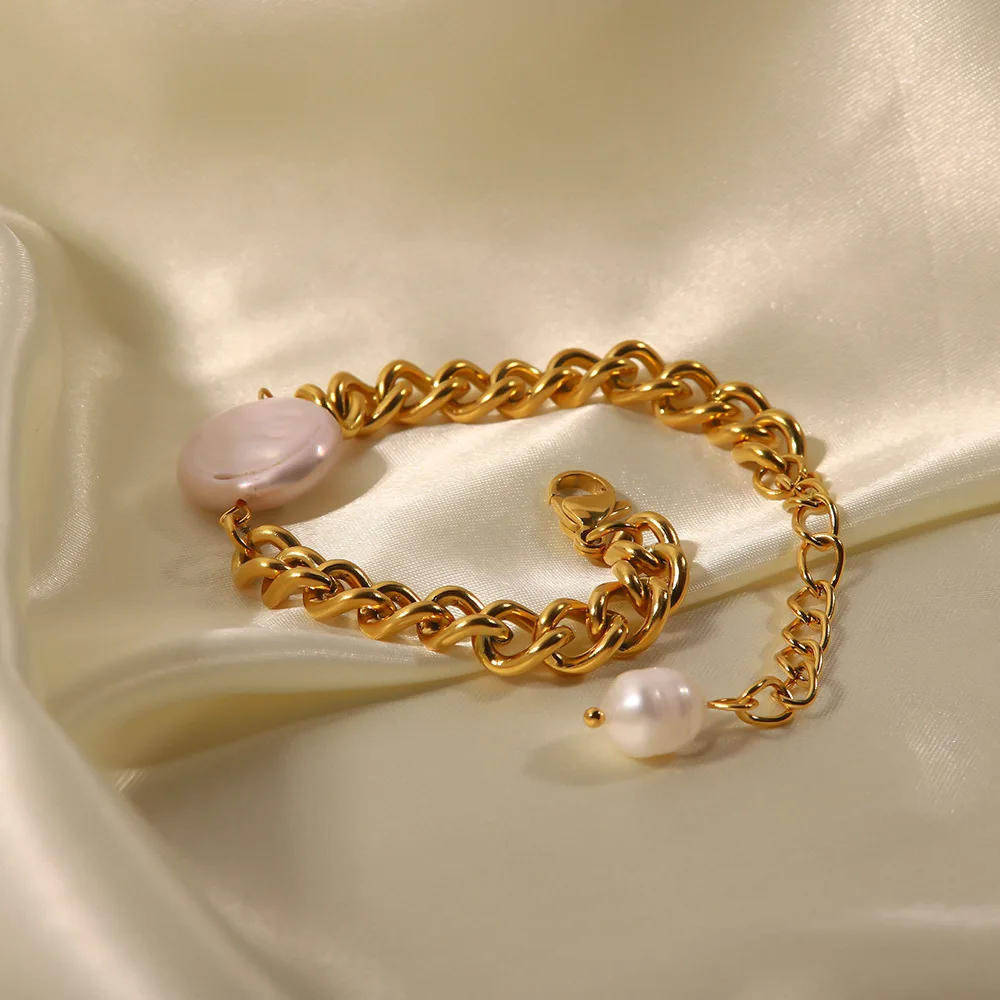 Factory Direct Sale 18K Gold Plated Stainless Steel Miami Cuban Chain Baroque Freshwater Pearl Bracelets