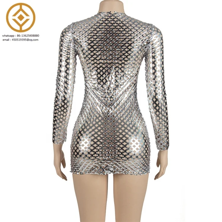 H8423C Metallic Shiny Silver Hollow Out Mini Dresses Women Sexy See Through O-Neck Long Sleeve Bodycon Dress 2023 Nightclub