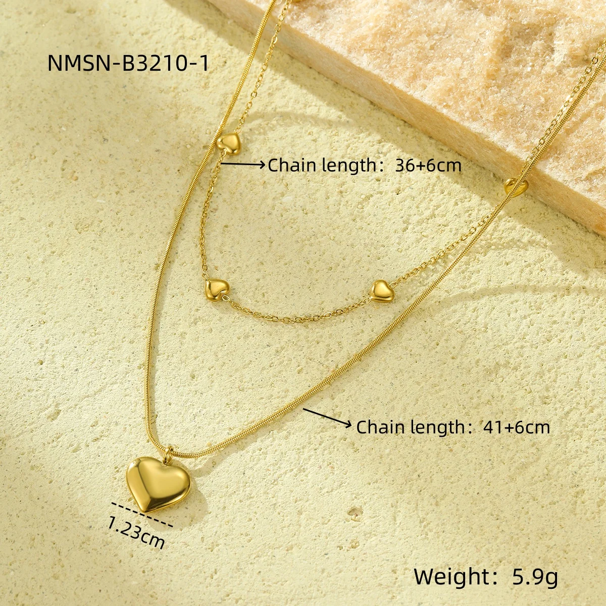 fashion small heart pendants jewelry double layer snake chain necklaces stainless steel non tarnish necklace INS hot sale