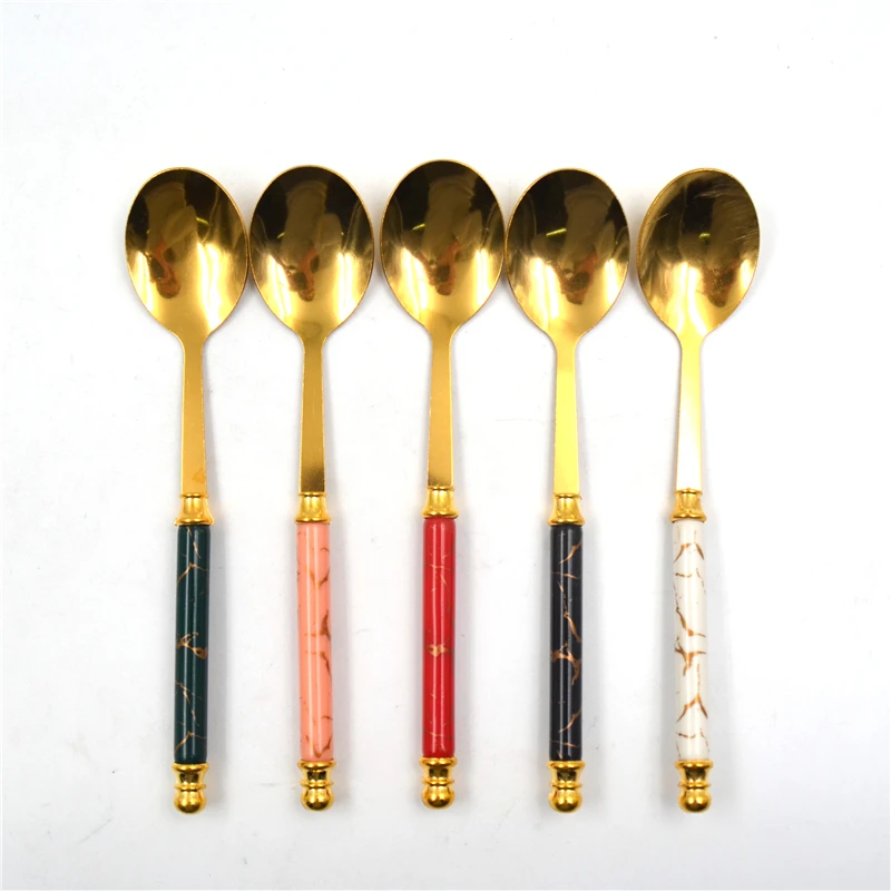 Stainless steel spoon marbled handle household dining Korean long handle spoon gift box set