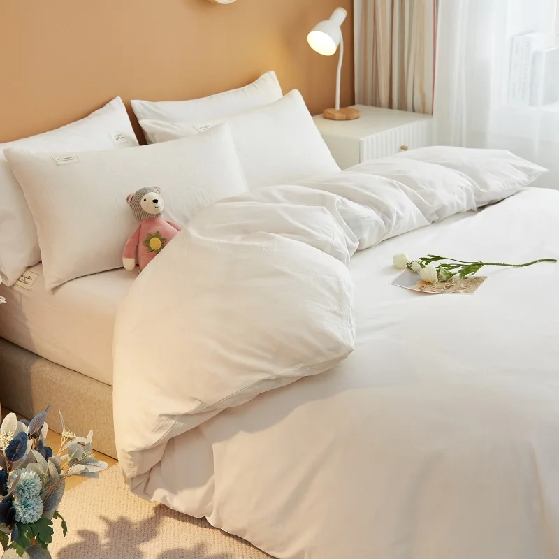 Japanese Minimalist Four Piece Set Washed Cotton Single Quilt Cover Bed Sheet For Home