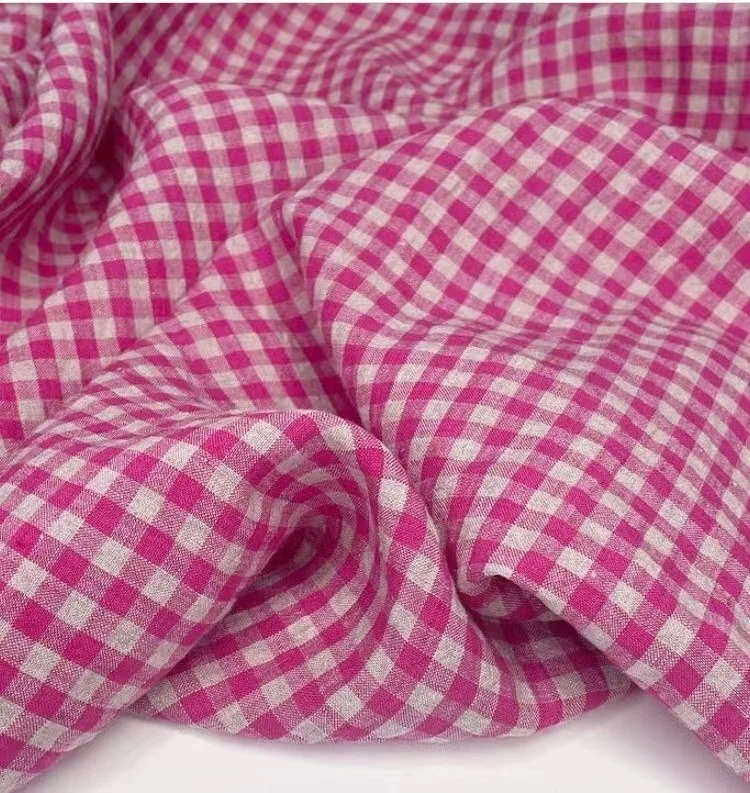 Enzymed stone washed french linen gingham check 100% linen fabric