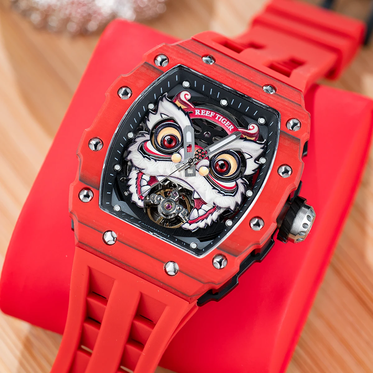 REEF TIGER Designer Lion Dance Mechanical Men Watches Super Luminous Self-Winding Automatic Rubber Band Wrist Watch RGA3009-L