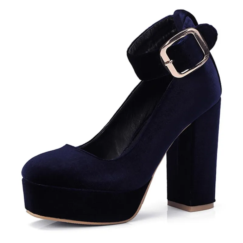 
Blue Navy Velvet Chunky Platforms Sole Mary Jane Block High Heels Shoes 