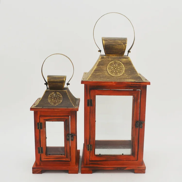 Garden And Home Decorative Wood Lantern with Iron Top Designed Classic Lantern