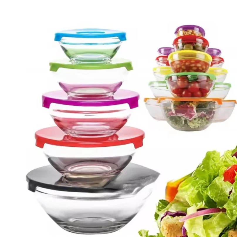 Wholesale 5pcs Glass Mixing Fresh Bowl Set Round Glass Fruit Salad Food Containers Serving Bowl With Plastic Lid