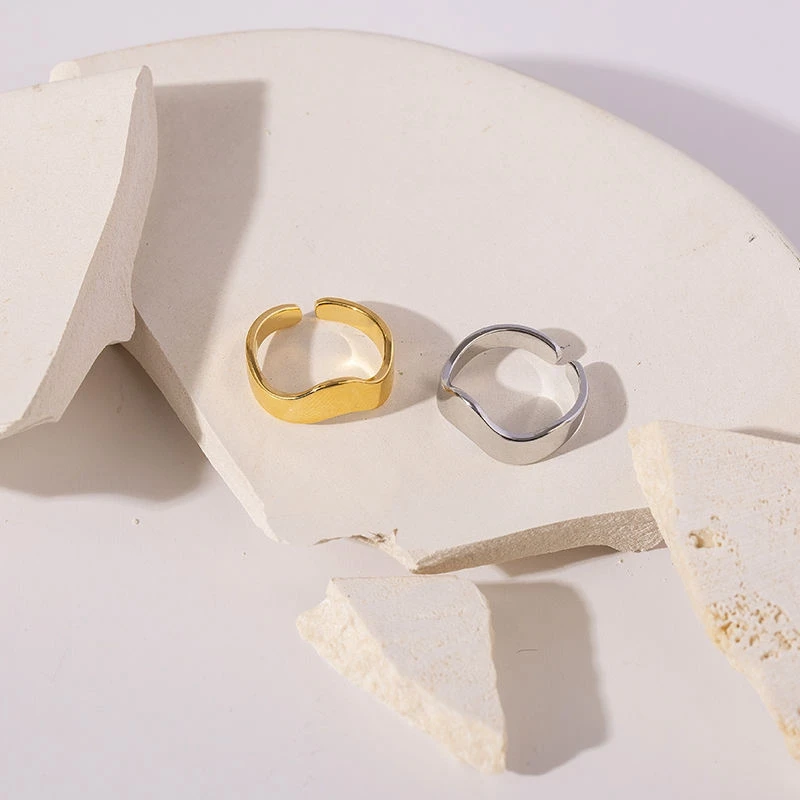 Adjustable wave line shape high polished gold and silver ring 18k gold-plated stainless steel ring