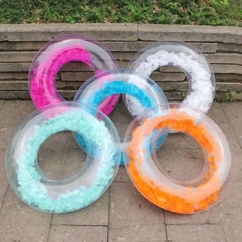 hot selling products inflatable swim big pool tubes kids transparent sequin feather swimming ring