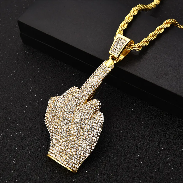 Mens Fine Jewelry Hip Hop Twist Chain Rock Cubic Zirconia Bling Iced Out Hands Big Middle Finger Pendant Necklaces