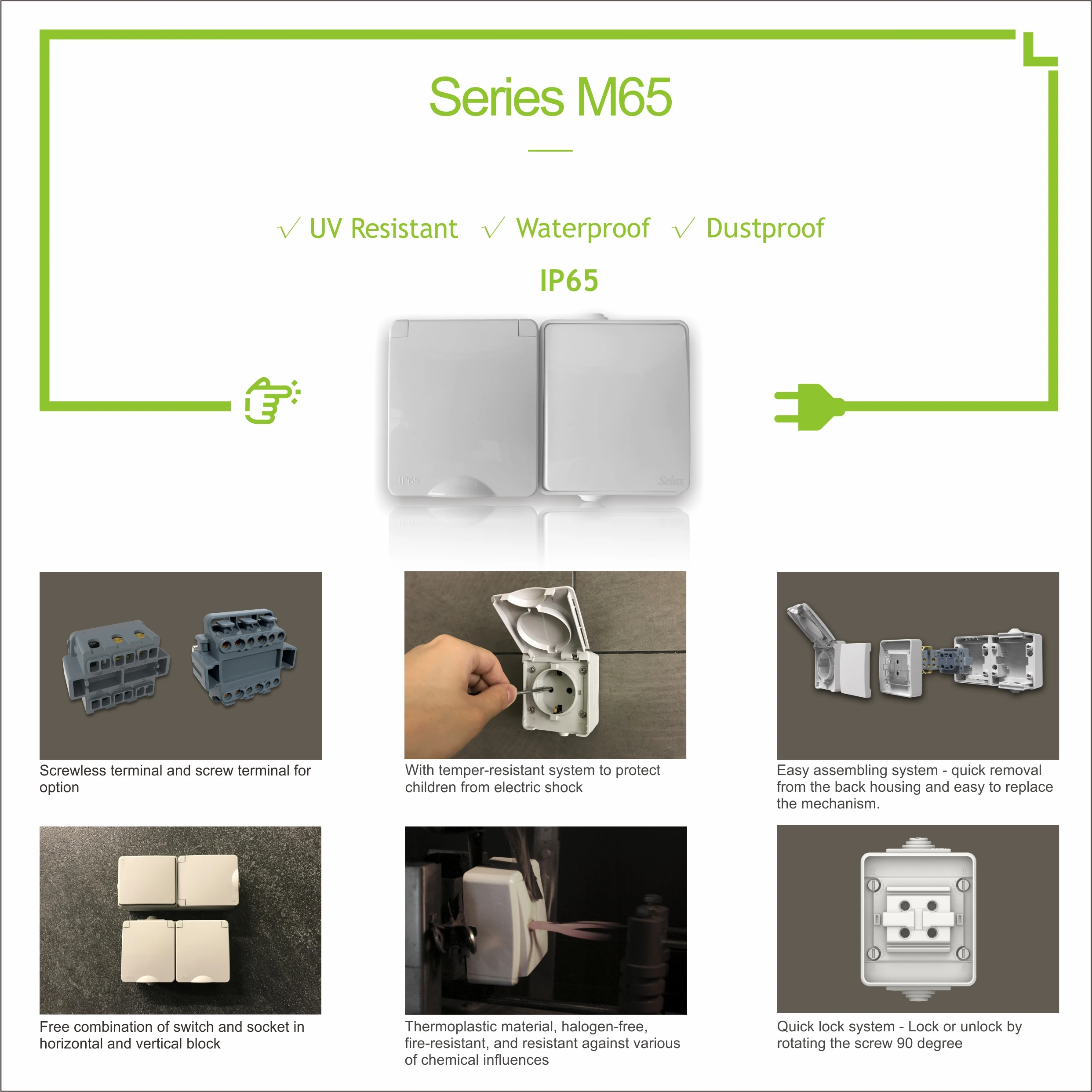 2 Gang 2 Way Light Switch and 1 gang Schuko wall sockets with earthing and protective door wall plate switch IP65 wall switches