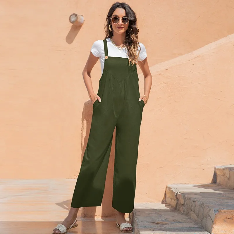 2022 new arrival summer ladies vintage cami jumpsuit female solid suspender long straight leg pants women casual loose jumpsuits