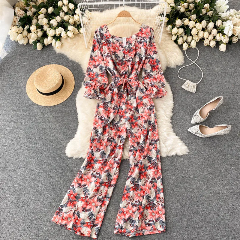 Женский комбинезон с принтом в праздничном стиле, осенний Новый стиль, с v-образным вырезом, со шнуровкой, на талии, для похудения, длинные широкие брюки