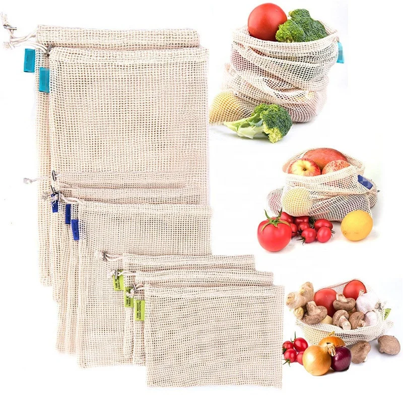 Sopurrrdy simple ecology washable and reusable grocery cotton mesh produce bag for vegetable and fruit