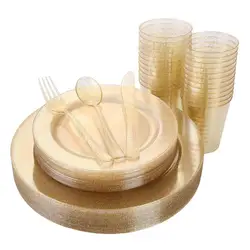 Gold Glitter Plastic Plates with Disposable Silverware, Cups Dinnerware sets for Wedding Parties
