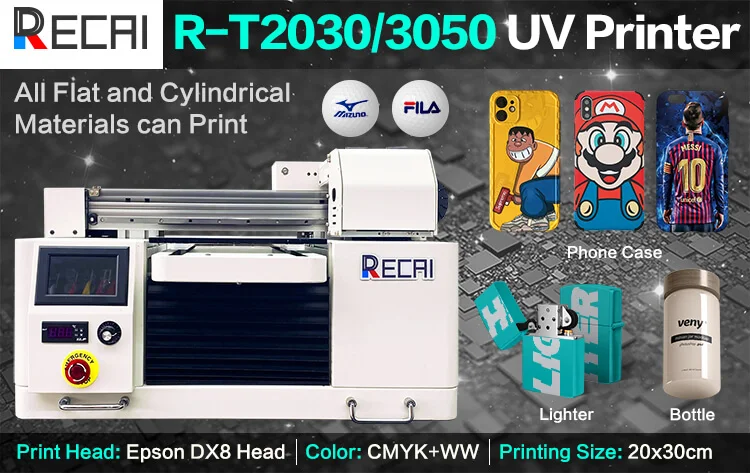 UV Printer Available In All Sizes RECAI A3/A4 1440DPI LED UV Flatbed Printer Wood Bottle PVC Canvas Ball Phone Case UV Printer