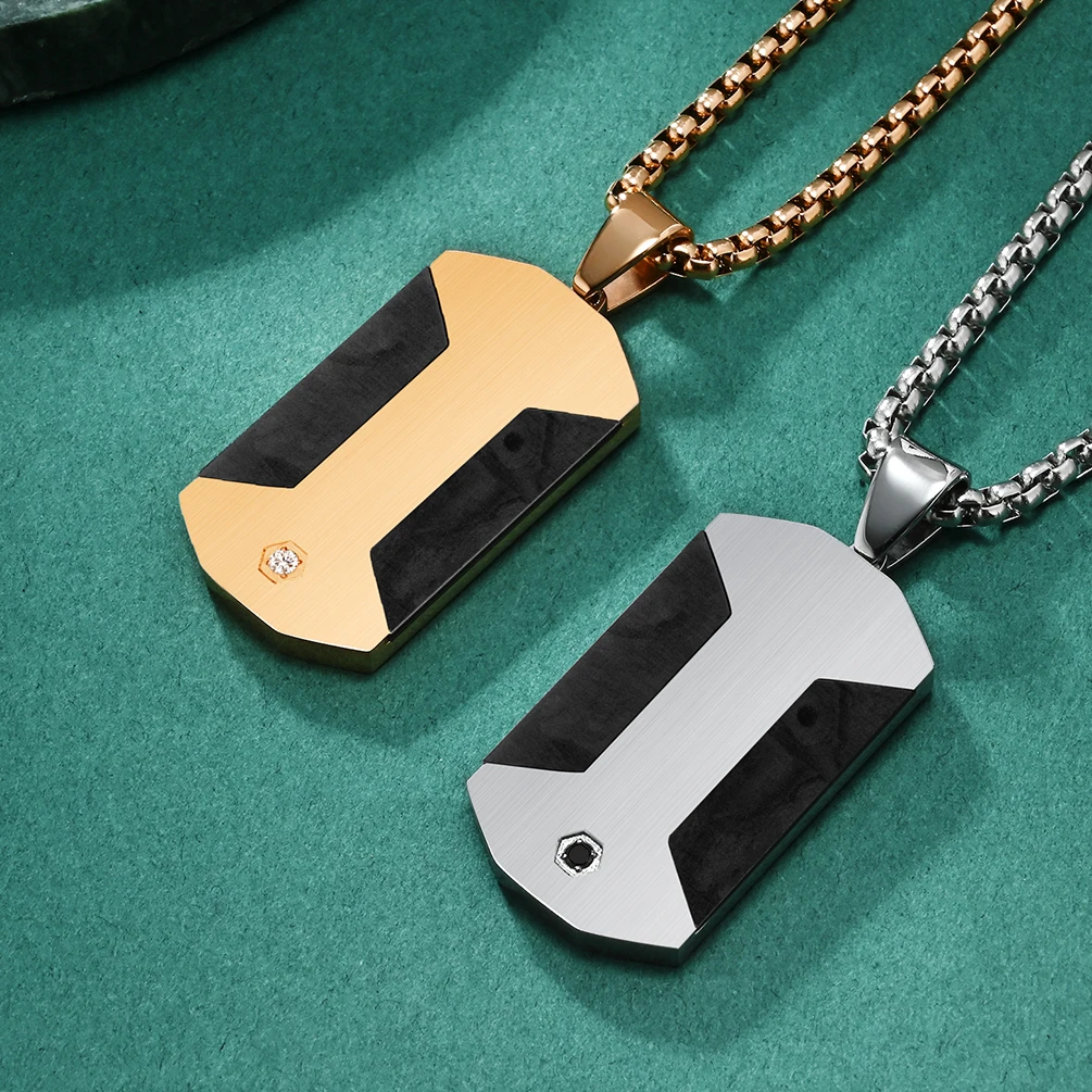 Alin Stainless Steel Black Carbon Fiber Inlay Necklace for Men Cz Stone Pendant Custom Jewelry For Him