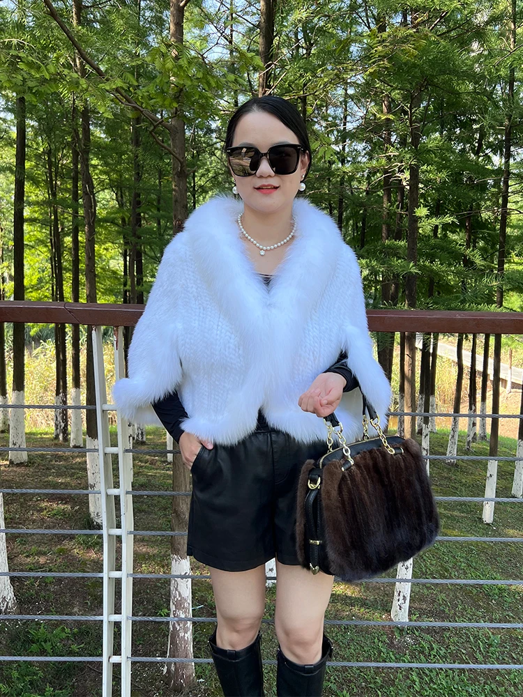 2023 women winter luxury hand knitted real mink fur shawl ladies mink fur capes with fox fur collar classic poncho design