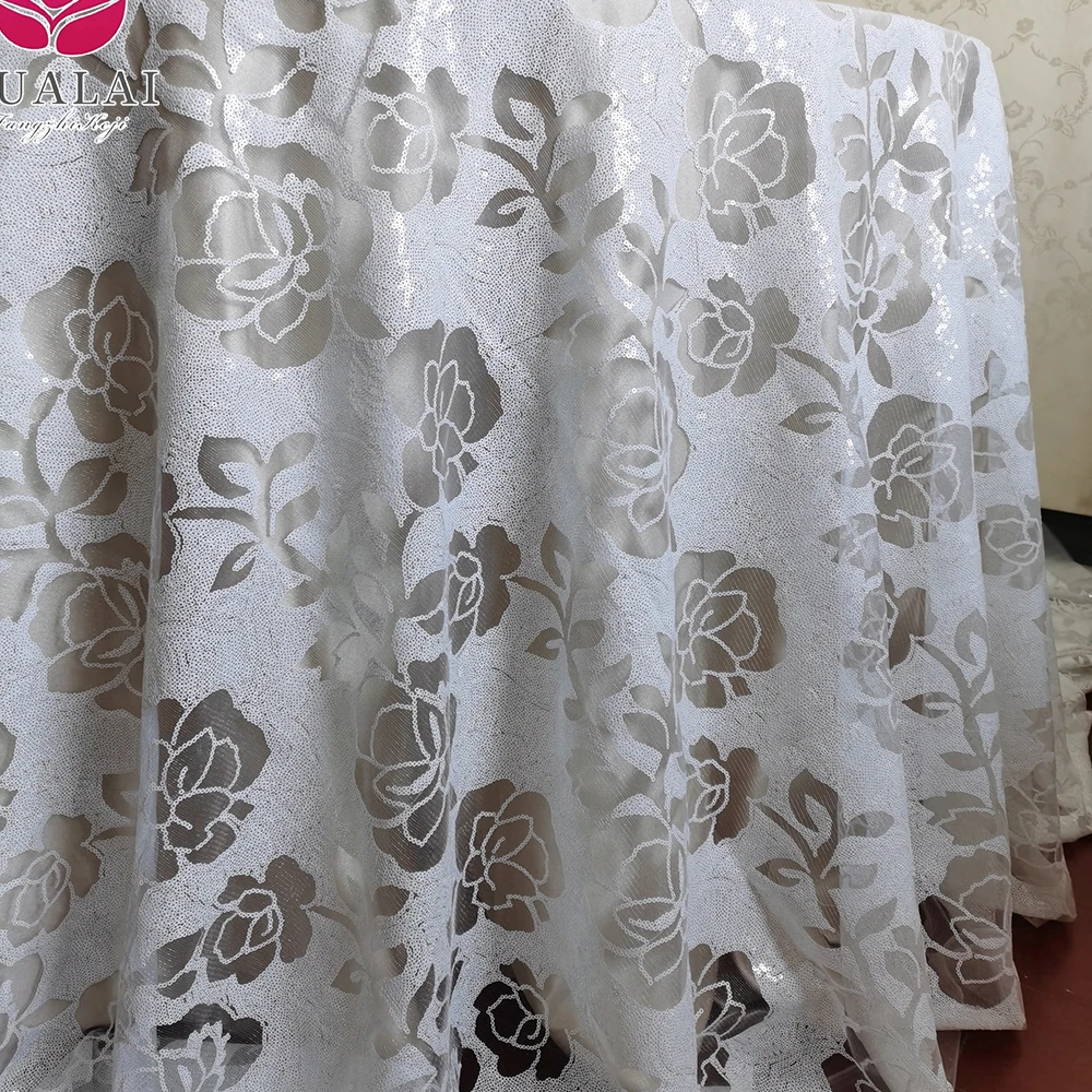 BEAUTIFUL FLOWER DESIGN WHITE AND CHAMPAGNE SEQUIN CUSTOM TABLE OVERLAY CLOTH FOR WEDDING
