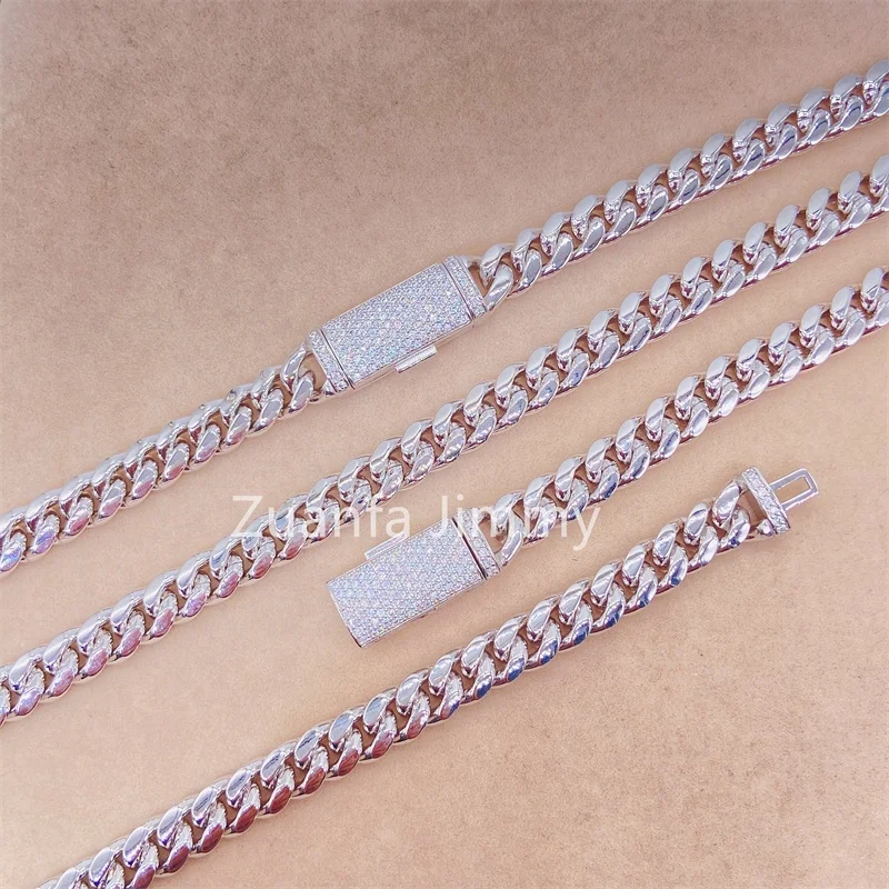 8mm Iced Out VVS Moissanite Diamond Clasp Thick Miami Cuban Moissanite Purity 925 Silver Cuban Necklace