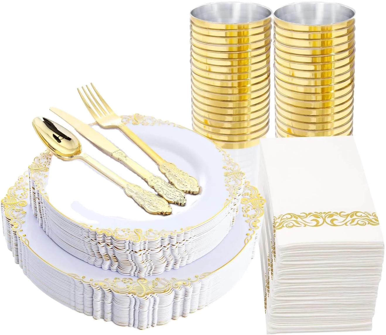 350pcsRose Gold Disposable Plates include 50Dinner Plates 50Dessert Plates  50 Napkin Cutlery 50Cups for Weddings & Parties