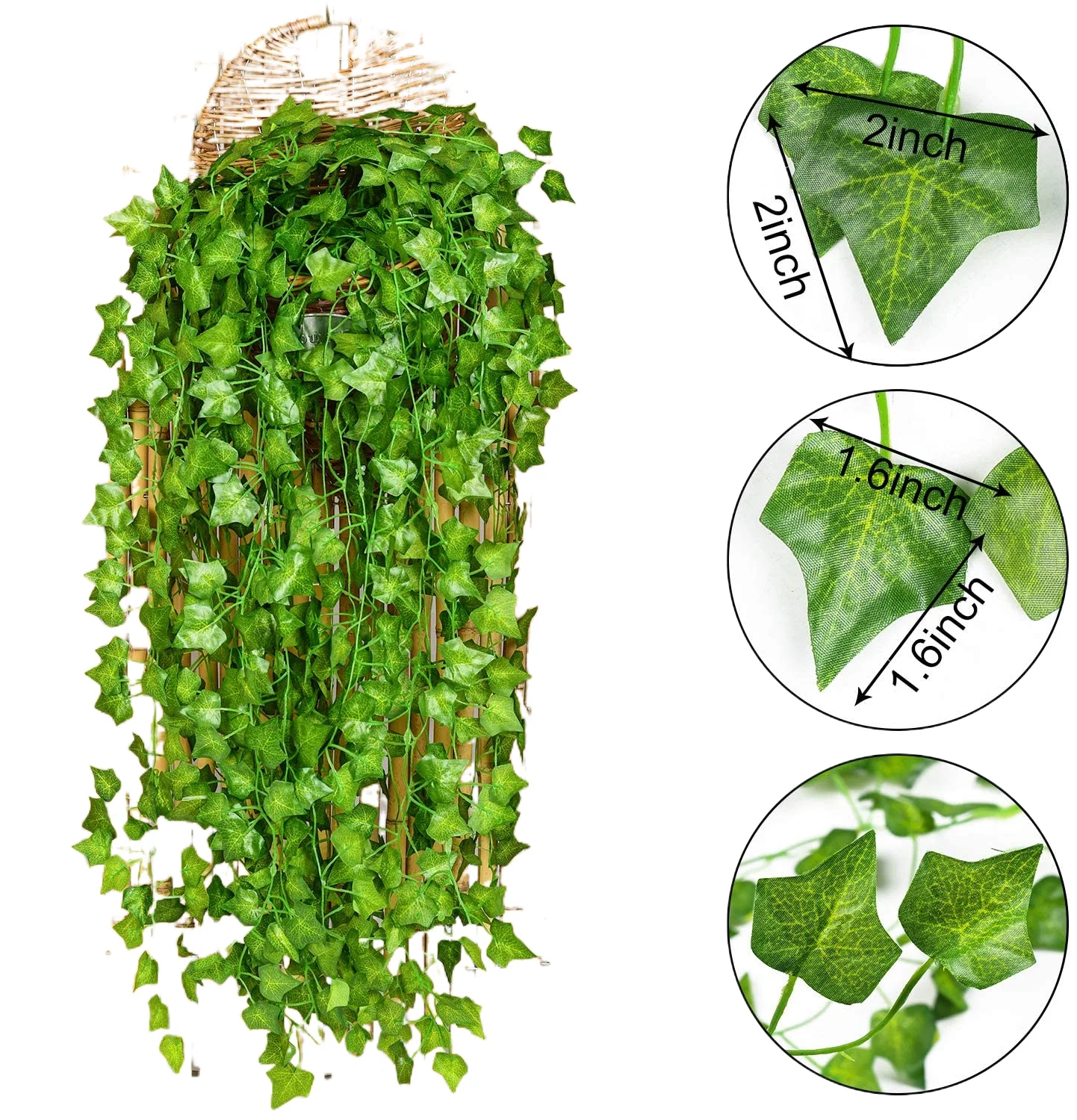 12pcs Silk Artificial Ivy Vine Hanging Leaves Plant Greenery Decor Party Home Garden Wedding Wall Decor (Green)