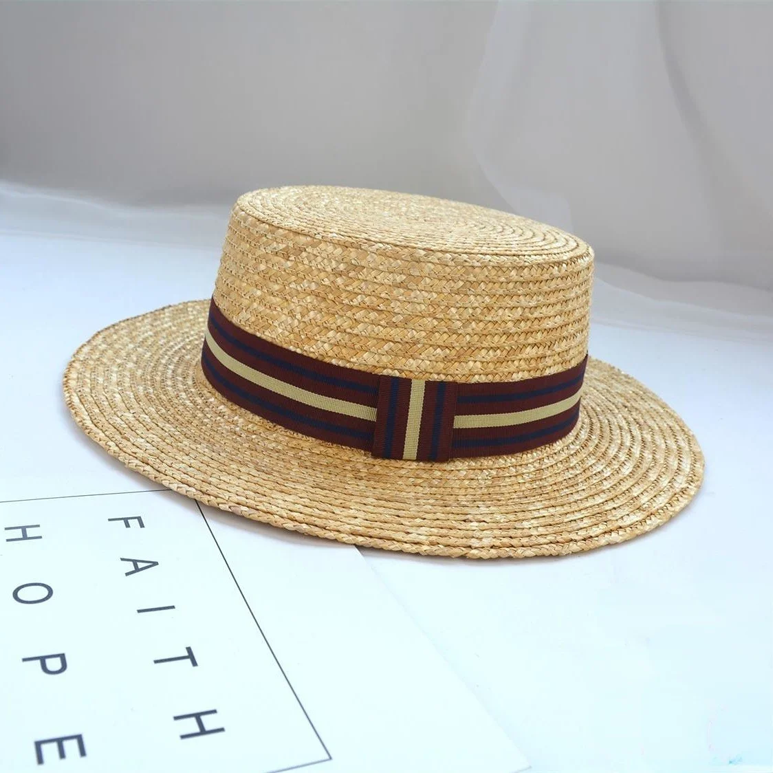 CUSTOM luxury girls portugal ribbon Outdoor summer fashion elegant ecuador FLAT TOP BOATER Sombrero de paja plano straw hat