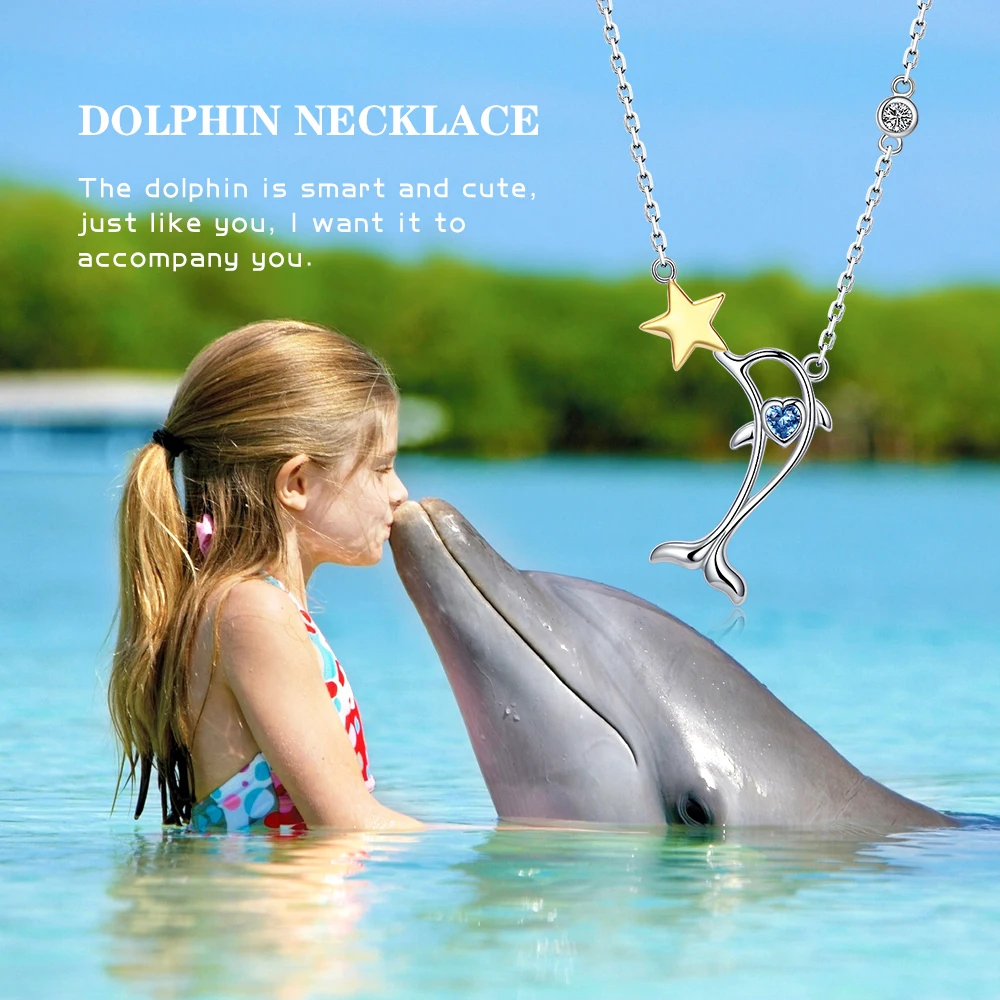 925 Sterling silver blue zircon pave cute animal dolphin star pendant necklace for women gift