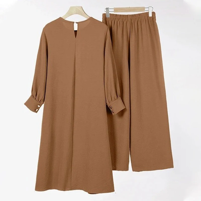 Wholesale Turkey Muslim Suit Abaya Modest Set Solid Long Shirt Wide Leg Pant Women Long Tunic Tops And Pants Muslim 2 Piece Set