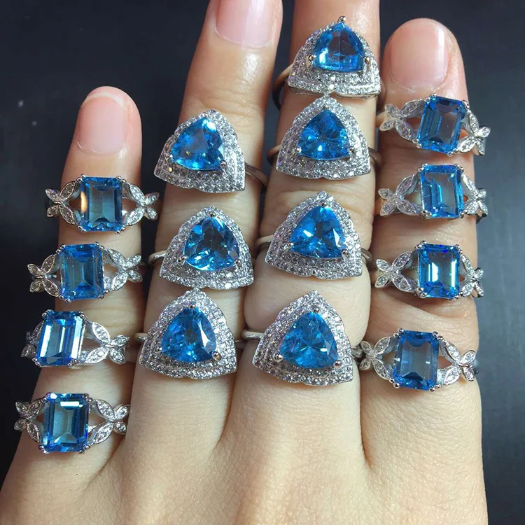 Natural Blue Topaz Finger Ring Gemstone Custom Fashion 925 Sterling Silver Ring Jewelry Women
