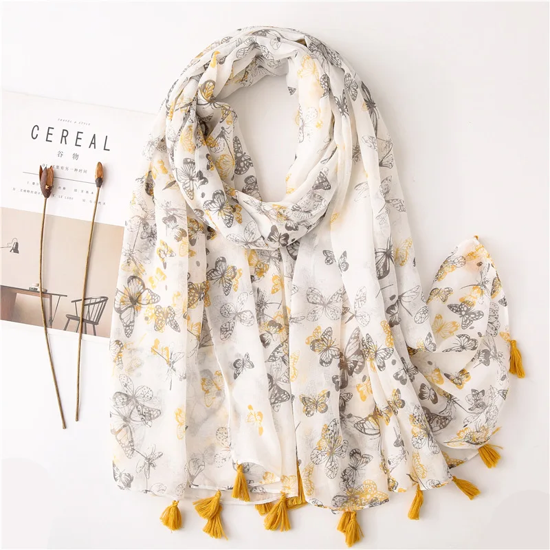 Wholesale 2020 latest butterfly print scarf fashion summer viscose beige animal printed tassel womens scarfs