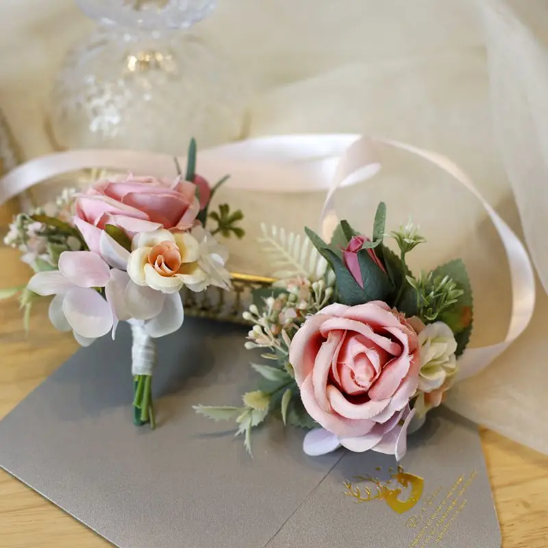European Style Handmade Faux Corsage Silk Rose Artificial Wrist Flowers For Wedding Bridesmaid Mother Decor