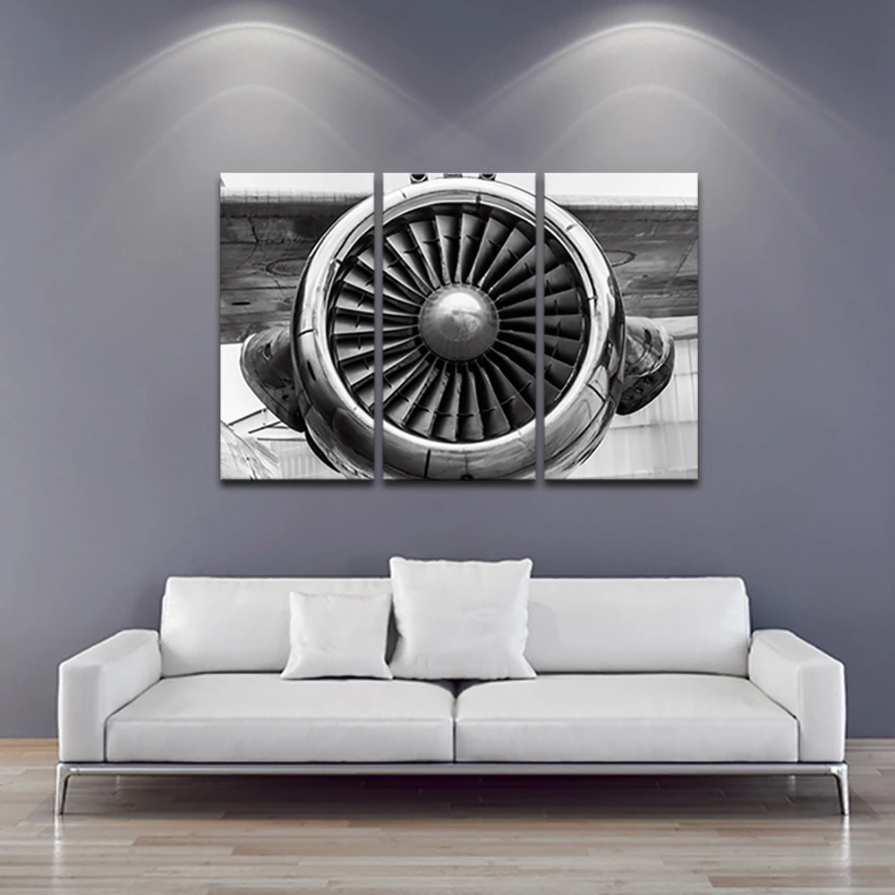 3 Pieces Retro Canvas Wall Art Propeller Aircraft Engine Painting Prints Engineering Closeup Vintage Airplane Picture