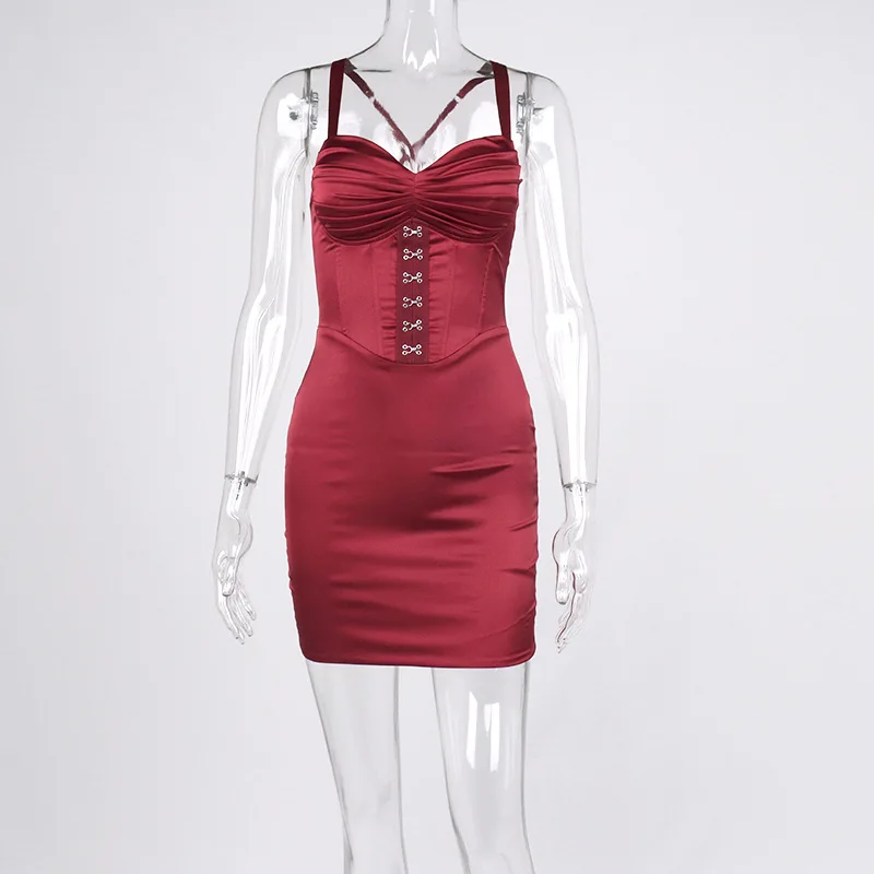 Women Satin Corset Belted Breasted Wrap Breast Pads Stretchy Mini Dress Elegant Sexy Party Dresses Ladies Wholesale