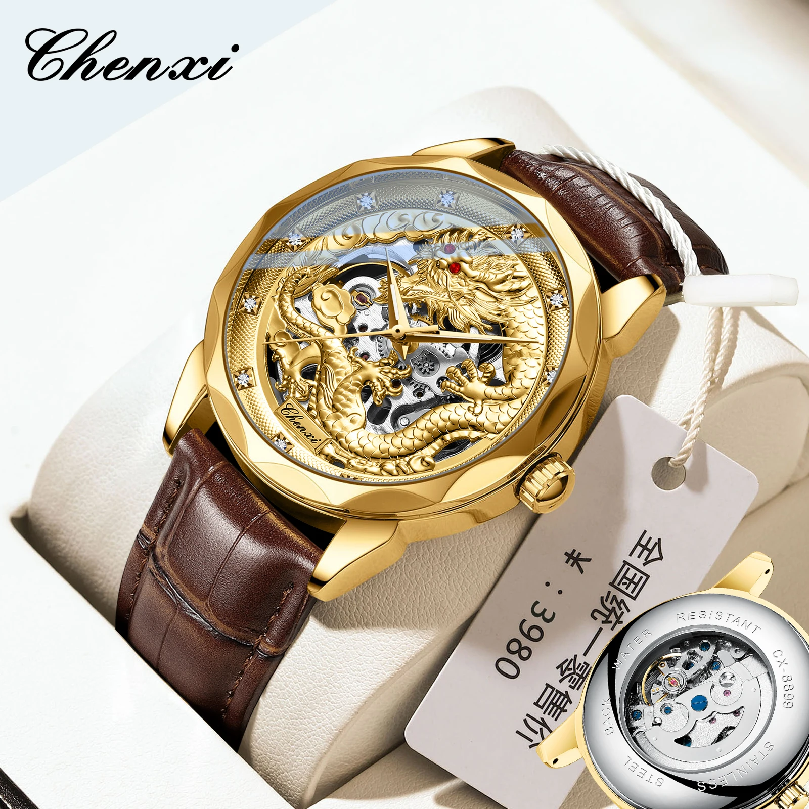 CHENXI 8899 Mechanical Watch For Men Dragon element Hollow Skeleton Auto Date Wristwatch Waterproof Luminous Luxury Man Watches