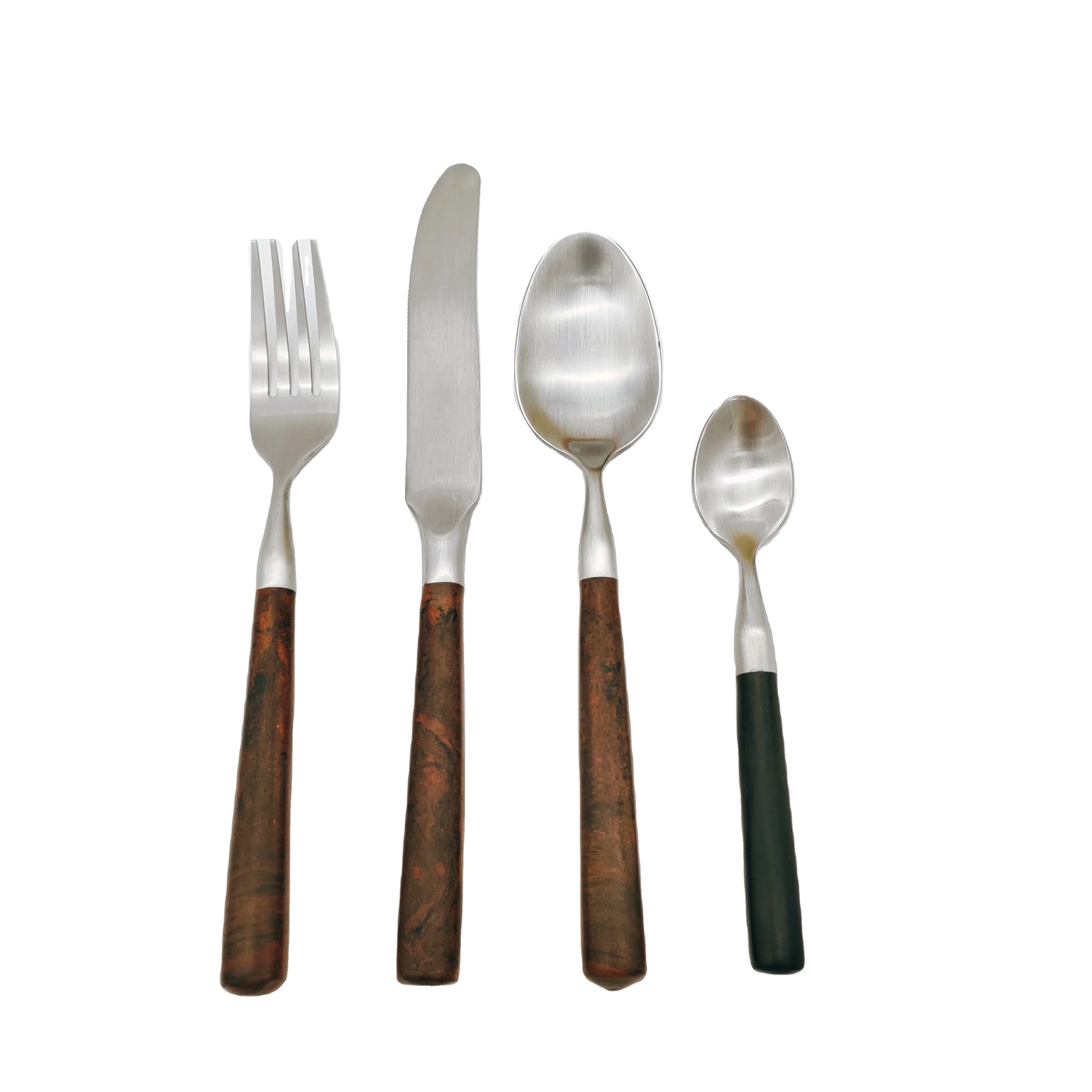 Brown Matt POM Handle Forged Bakelite Japan Style Copper Flatware Satin Stainless Steel Cutlery Set