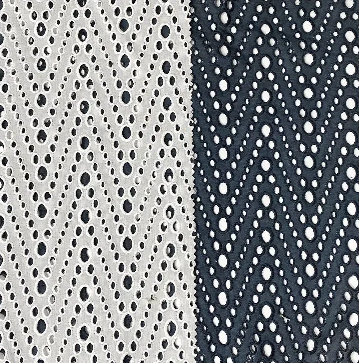100% organic cotton voile Dyed eyelet chevron stripe embroidered fabric