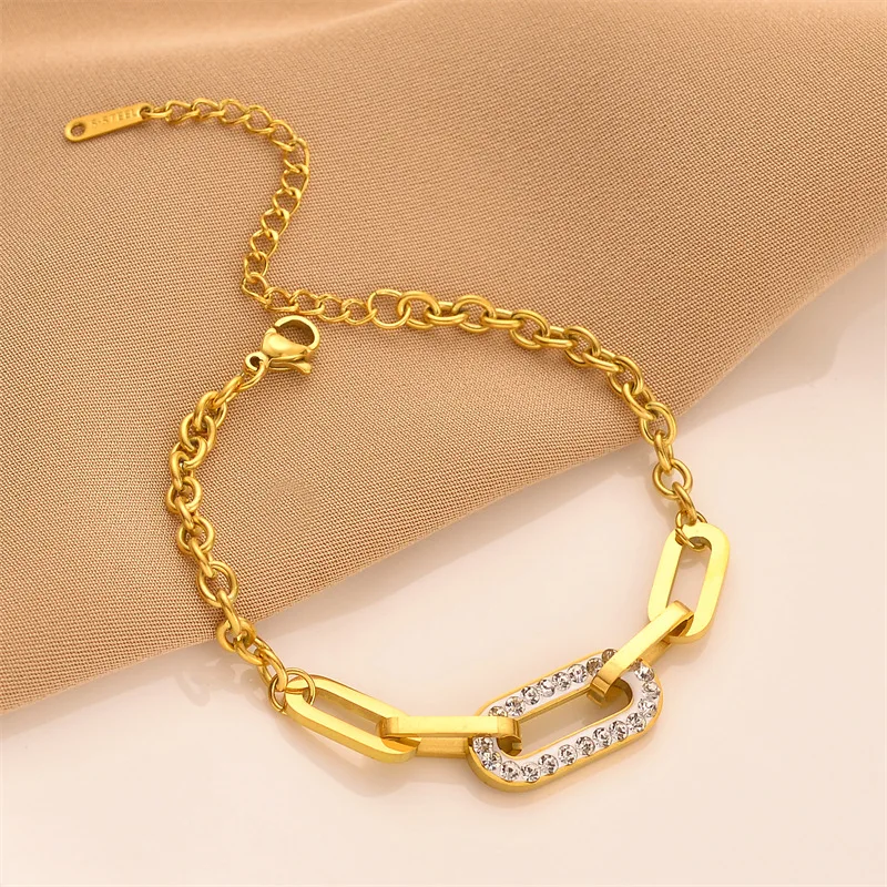 High Quality Stainless Steel Chain Bracelet Crystal Diamond Link Chain Luxury Bracelets Women Fashion Charm Jewelry