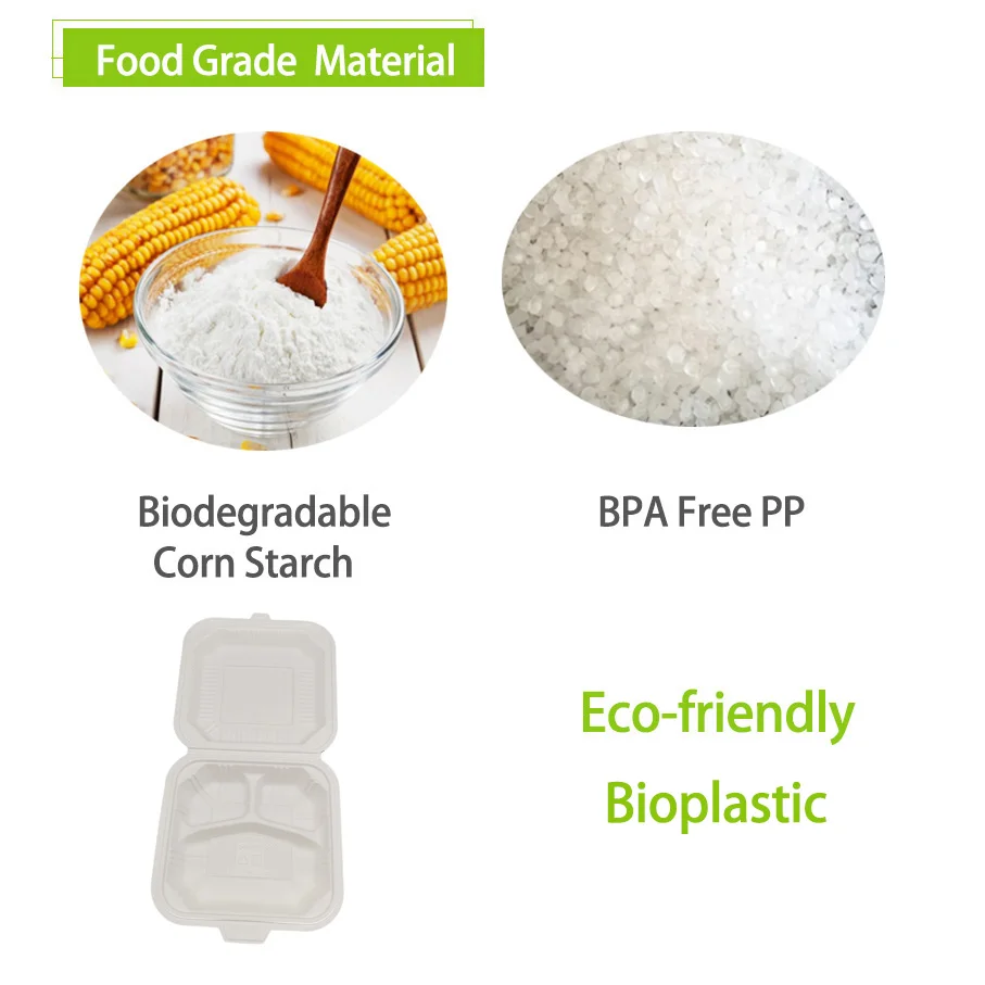 Custom 8 inch 3 Compartment  Takeaway Hinged Clamshell Food Container Cornstarch  Bio-Based  Biodegradable Clamshell Packaging