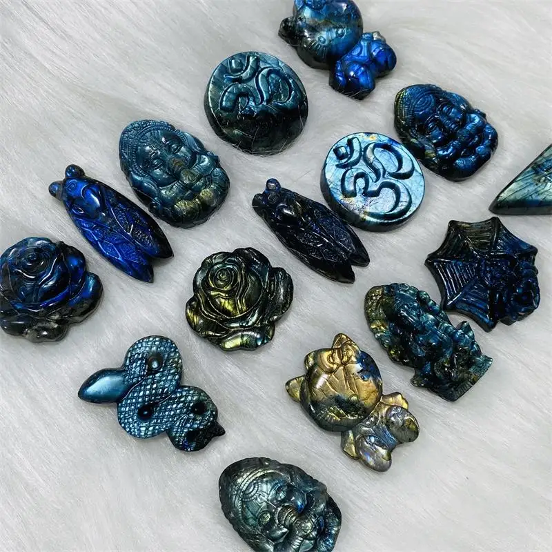 Hand-carved Full Flash Labradorite Crystal Carvings Kitty Snake Bug Evil Eyes Animal Statue Figurine