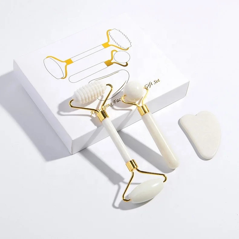 3pcs/box White Jade Roller Massager For Face Lift Natural Stone Gua Sha Scrpaer Set Facial Slimming Chin Skin Care Beauty Tool