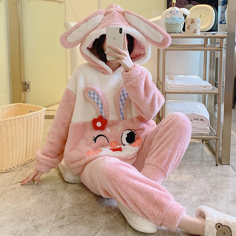 New flannel 2pcs pajamas for women cute cartoon hooded pijamas polar leisure winter sleepwear sets