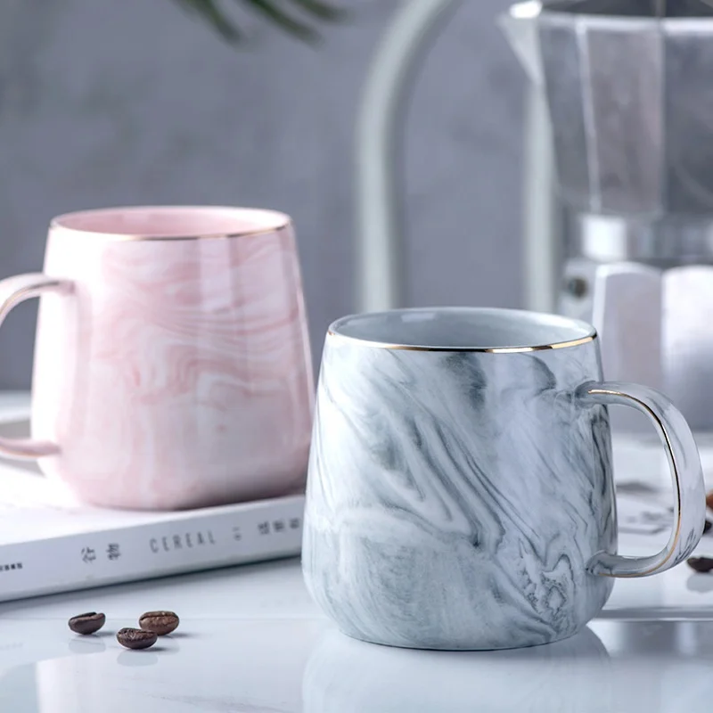 European style blank water milk tea cup simple custom marble elegant pink gray coffee mug wholesale with gold rim