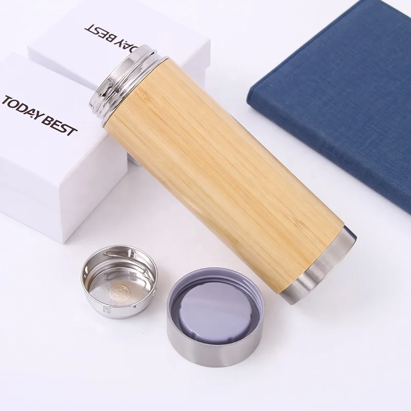 450ml Natural Stainless Steel Bamboo Vacuum Insulated Bamboo Thermos Tumbler With Tea Infuser