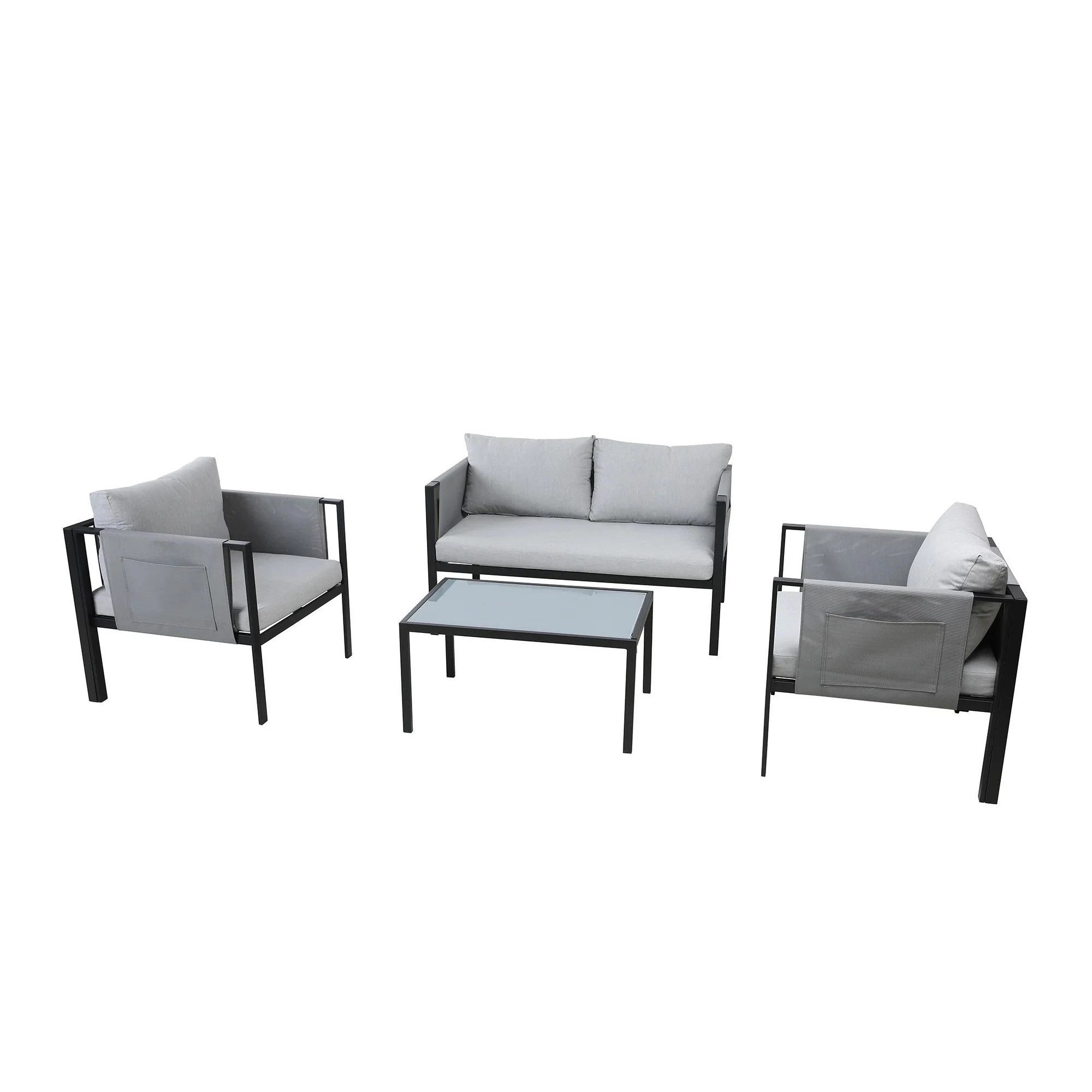 Outdoor Patio Sofa Set With Tempered Glass Coffee Table 4 Piece Metal Garden Furniture Set